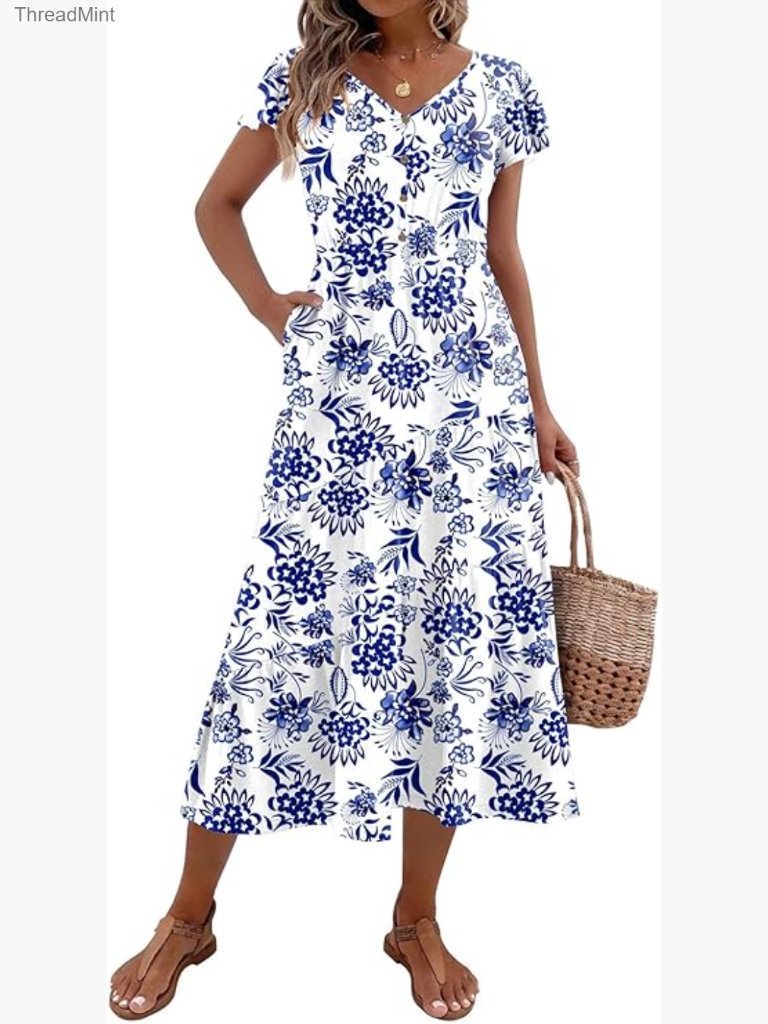 Summer Casual Flutter Sleeve V-Neck Tiered Maxi Dress With Pockets